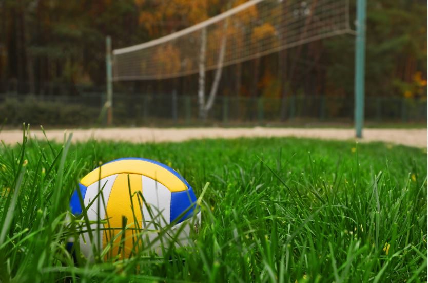 Pallone da pallavolo sull'erba davanti alla rete da green volley